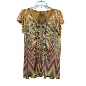 Emerge XL World Wear V Neck Beaded Aztec Print Tunic Top Women's Festival Art